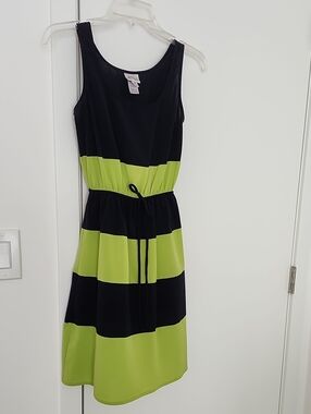Sweet Storm Black and Lime Green Striped Drawstring Waist Dress